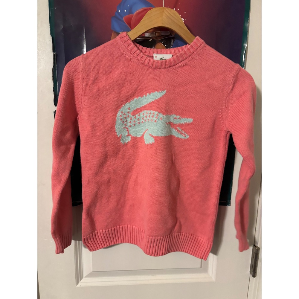 Lacoste Kids Pink Big Croc Logo Knit Crewneck Sweater Size 10 Long Sleeve